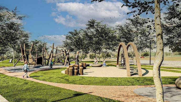 Render de juegos infantiles y áreas de esparcimiento