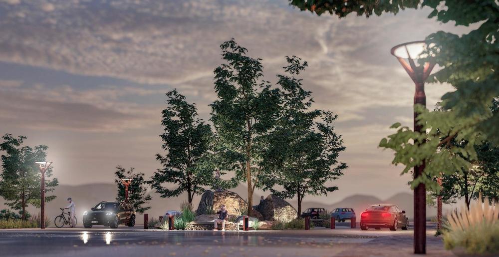 Andadores e iluminación de las áreas comunes al atardecer en Zibatá