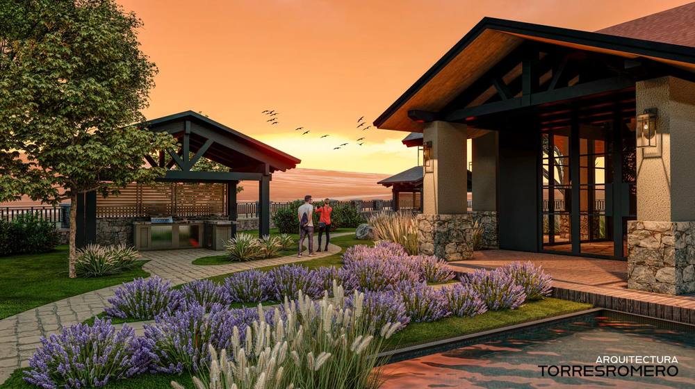 Render de amenidades con alberca, grill y clubhouse de Luanna